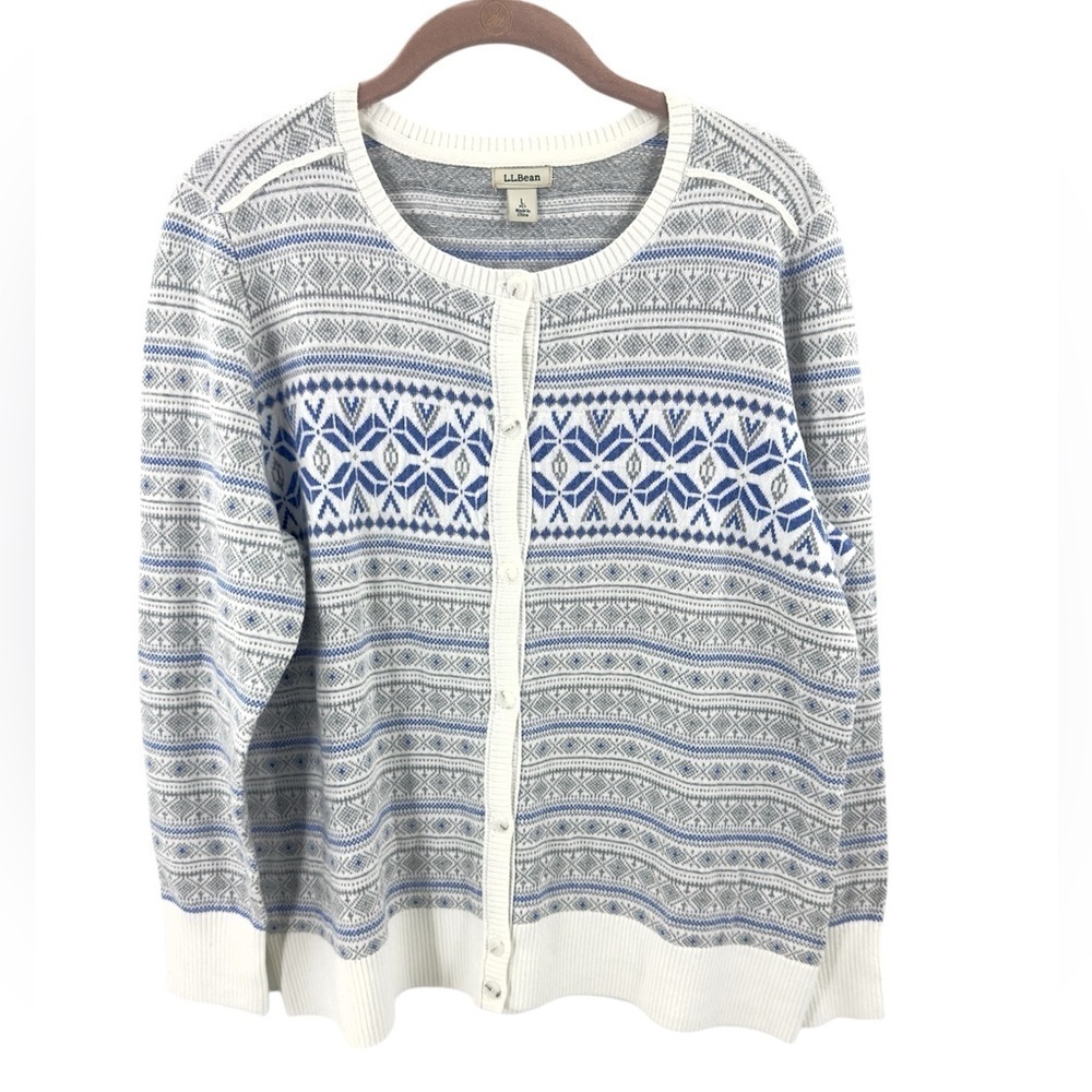 LL Bean Fair Isle Cardigan Sweater Womens Large Petite Cotton Cashmere Nordic